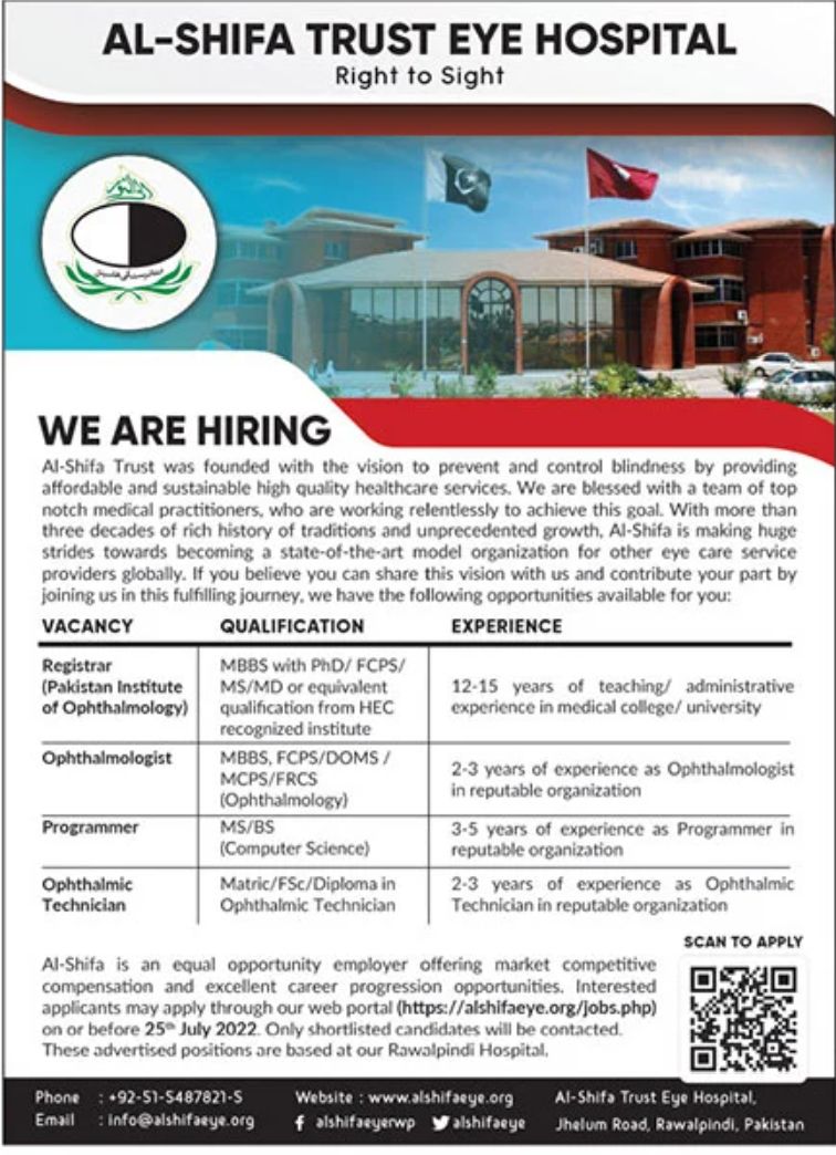 Al Shifa Trust Eye Hospital Jobs July 2022