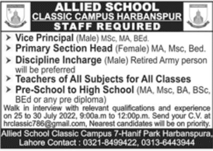 Allied Schools Jobs Lahore July 2022