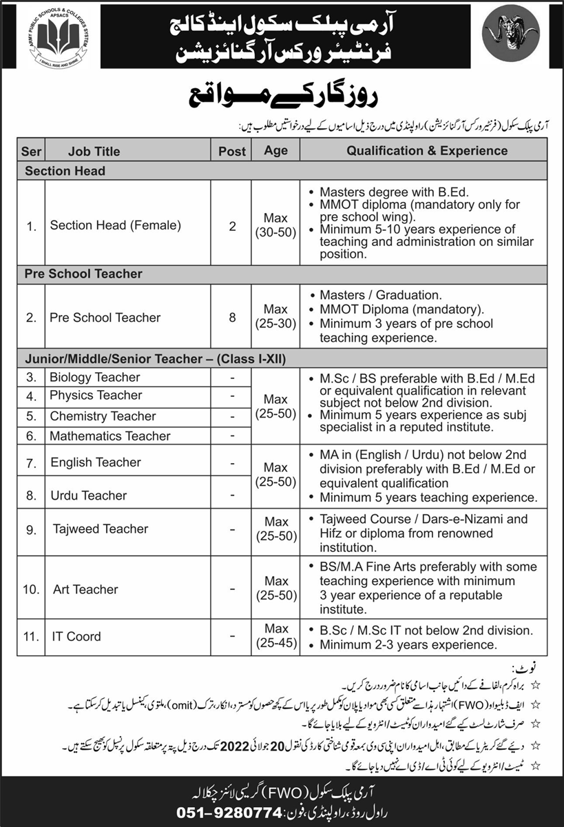 Army Public School & College Jobs July 2022