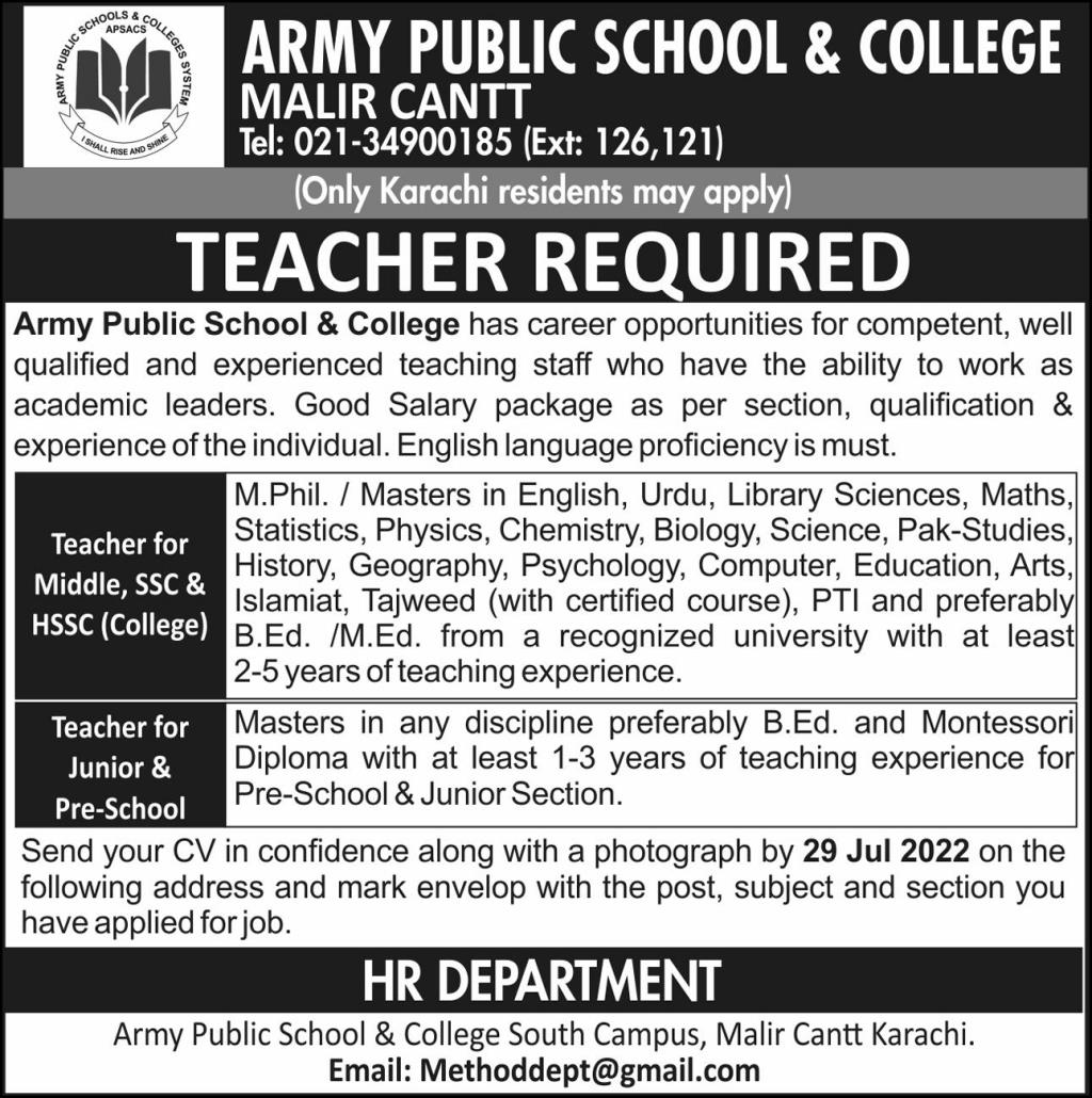Army Public School & College Jobs July 2022