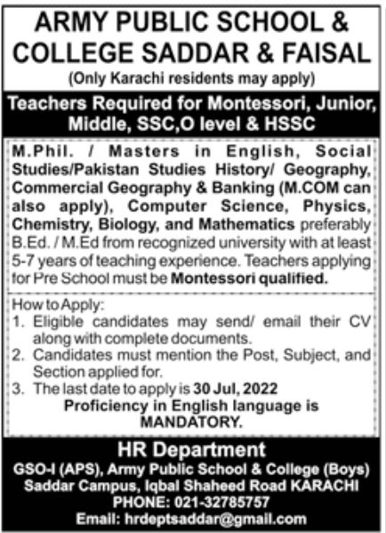 Army Public School & College Saddar & Faisal Jobs July 2022