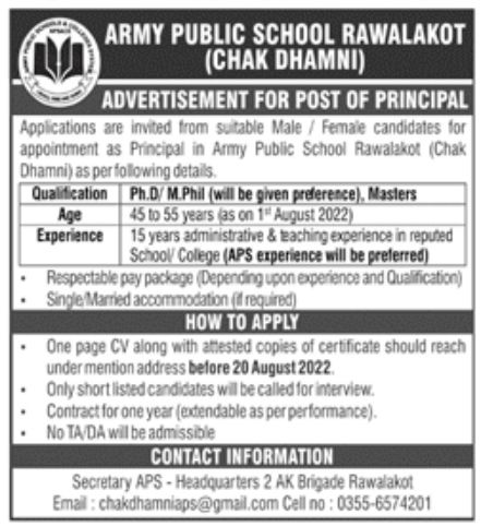 Army Public School Rawalpindi Jobs July 2022