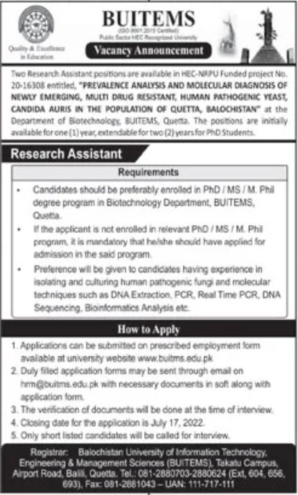 BUITEMS Jobs July 2022