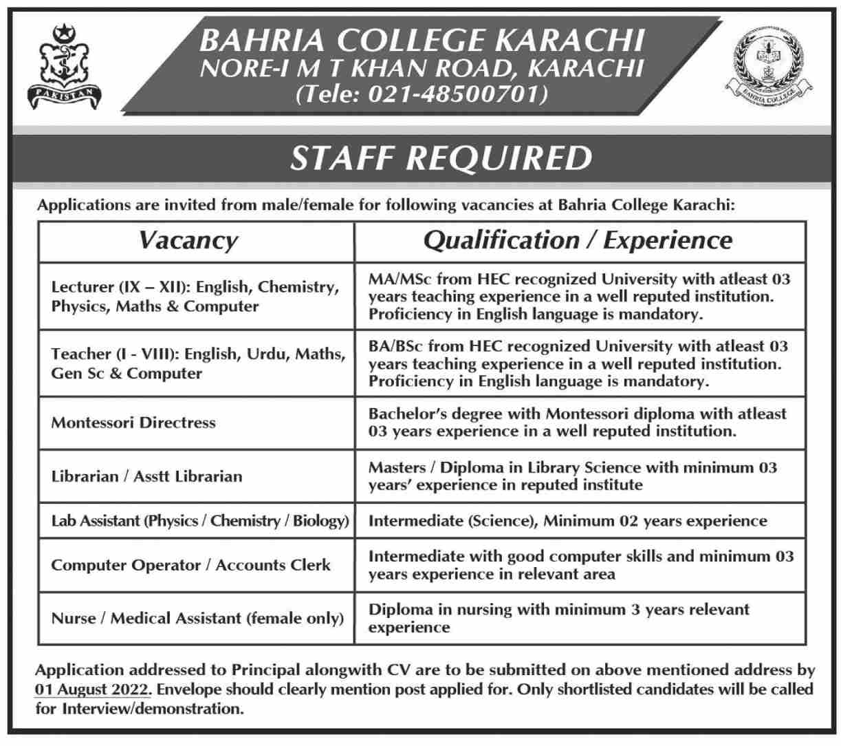 Bahria College Karachi Jobs July 2022