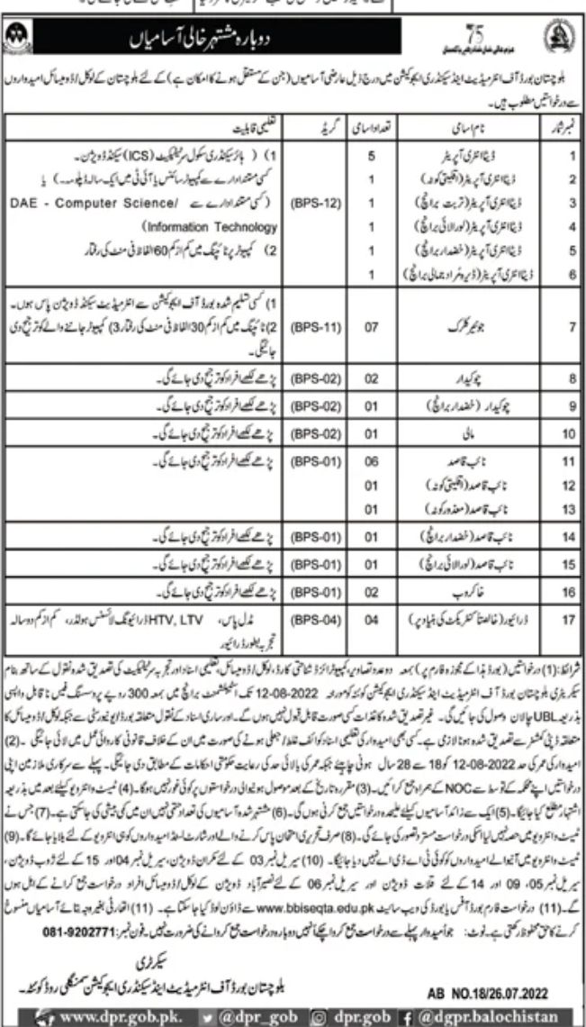Balochistan Board of Intermediate & Secondary Education Jobs July 2022