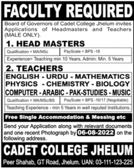 Board of Governors Cadet College Jhelum Jobs July 2022