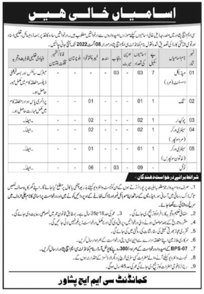 CMH Peshawar Jobs July 2022