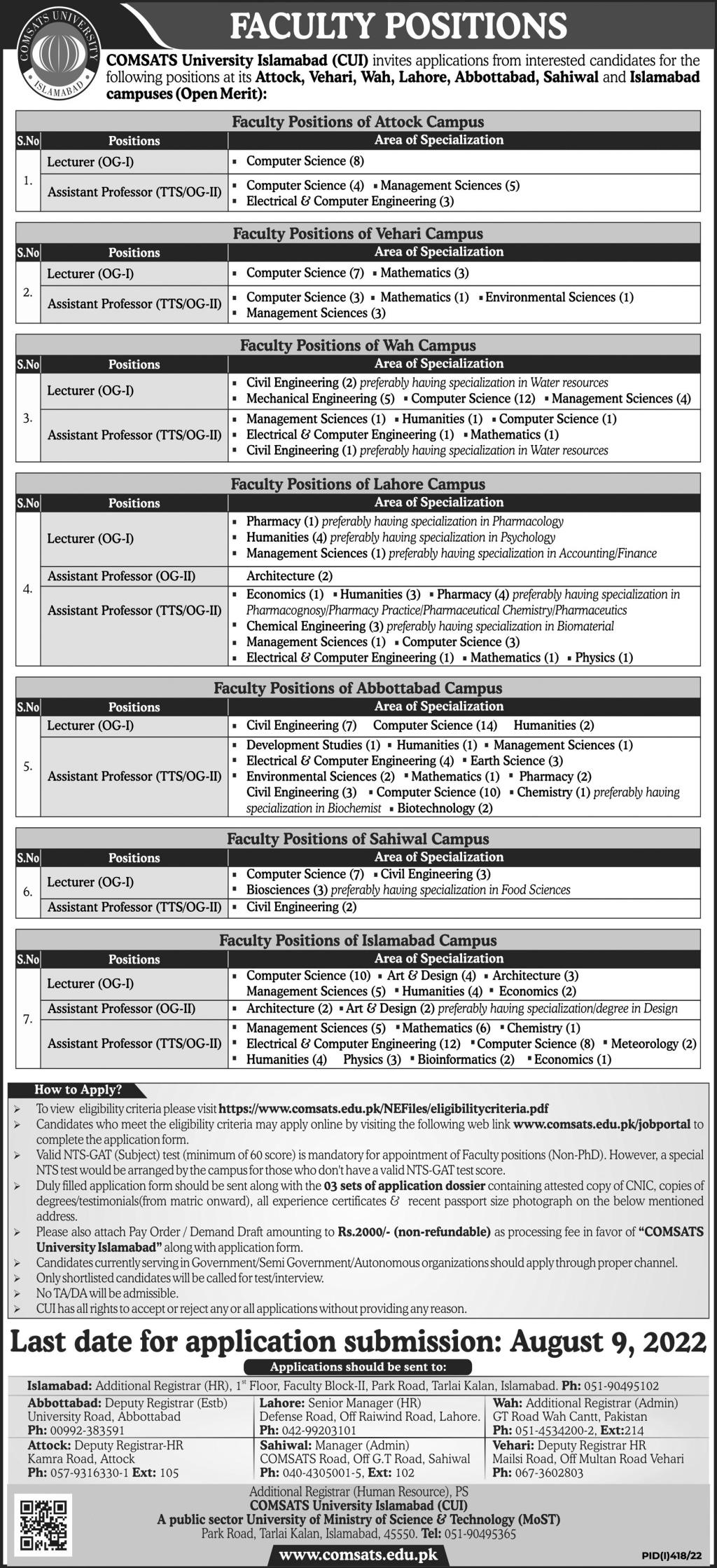 COMSATS University Islamabad CUI Jobs July 2022