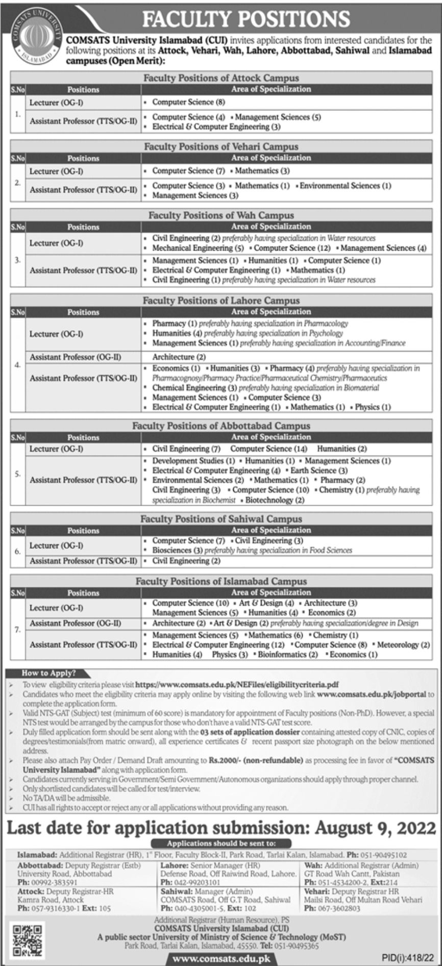 COMSATS University Islamabad CUI Jobs July 2022