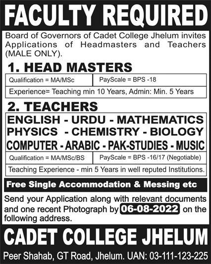 Cadet College Jhelum Latest Jobs July 2022