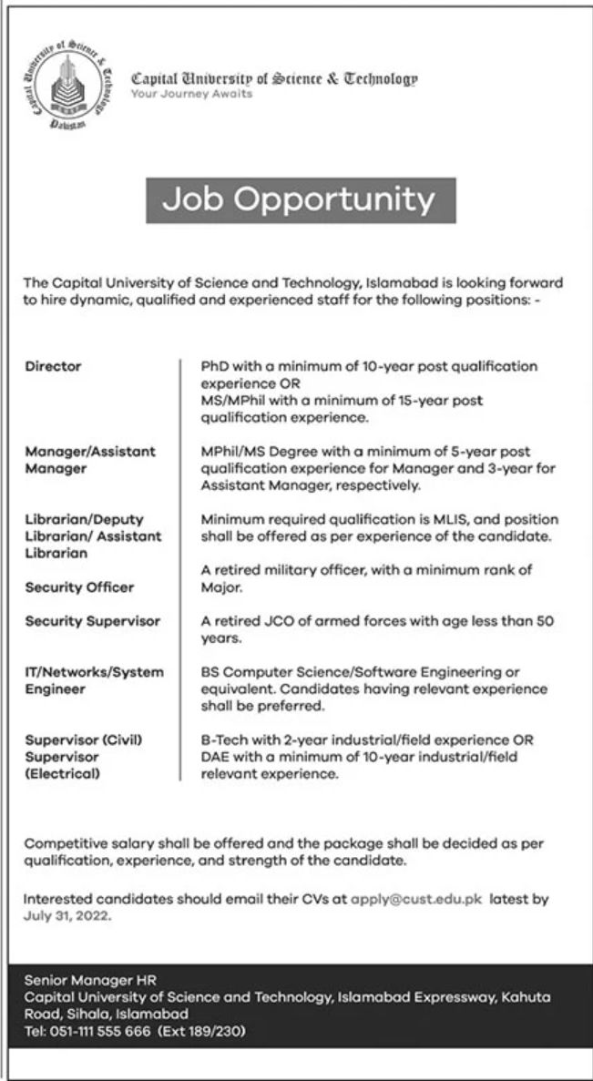 Capital University Islamabad Jobs July 2022