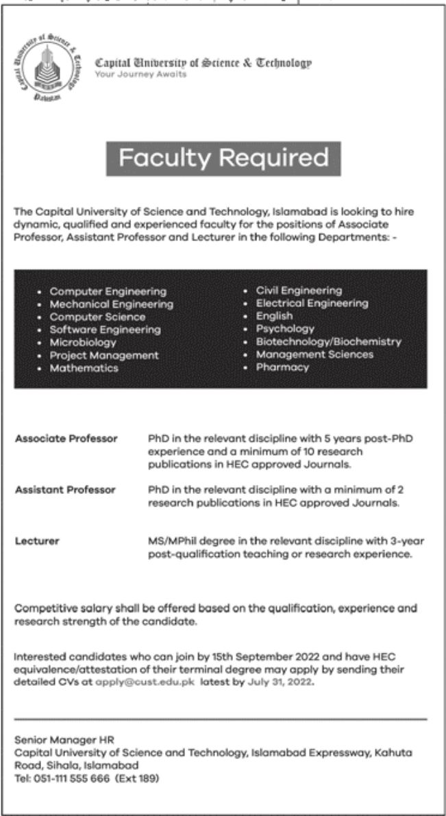 Capital University of Science & Technology Jobs July 2022