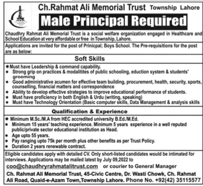 Ch Rahmat Ali Memorial Trust Jobs July 2022