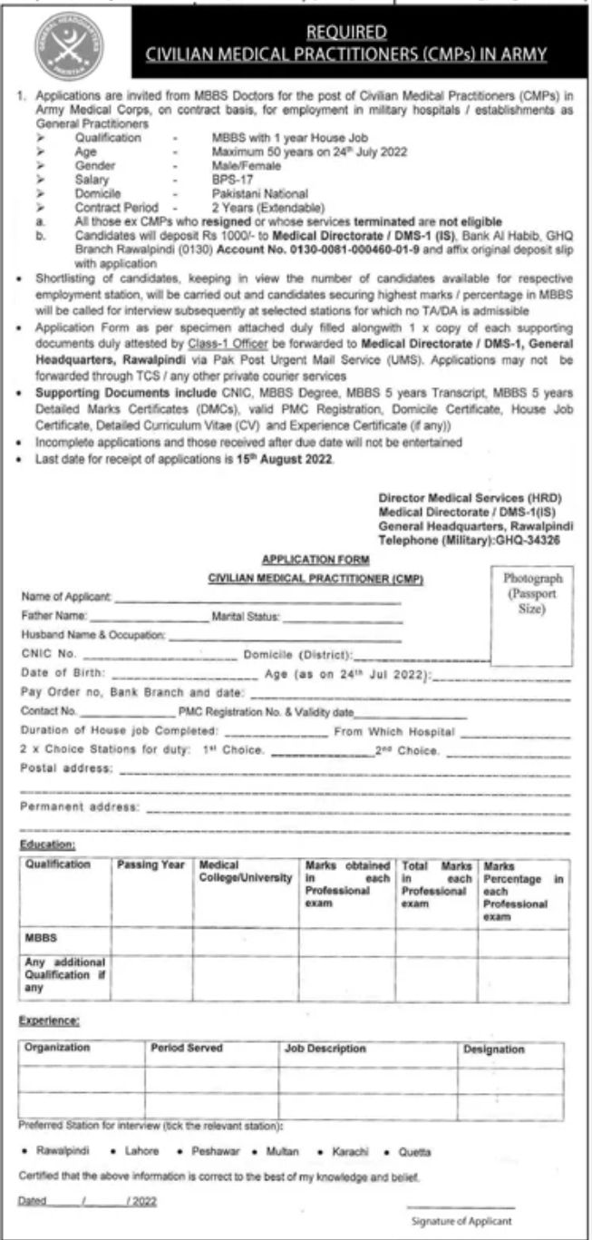 Civilian Medical Practitioners CMPs in Army Jobs July 2022
