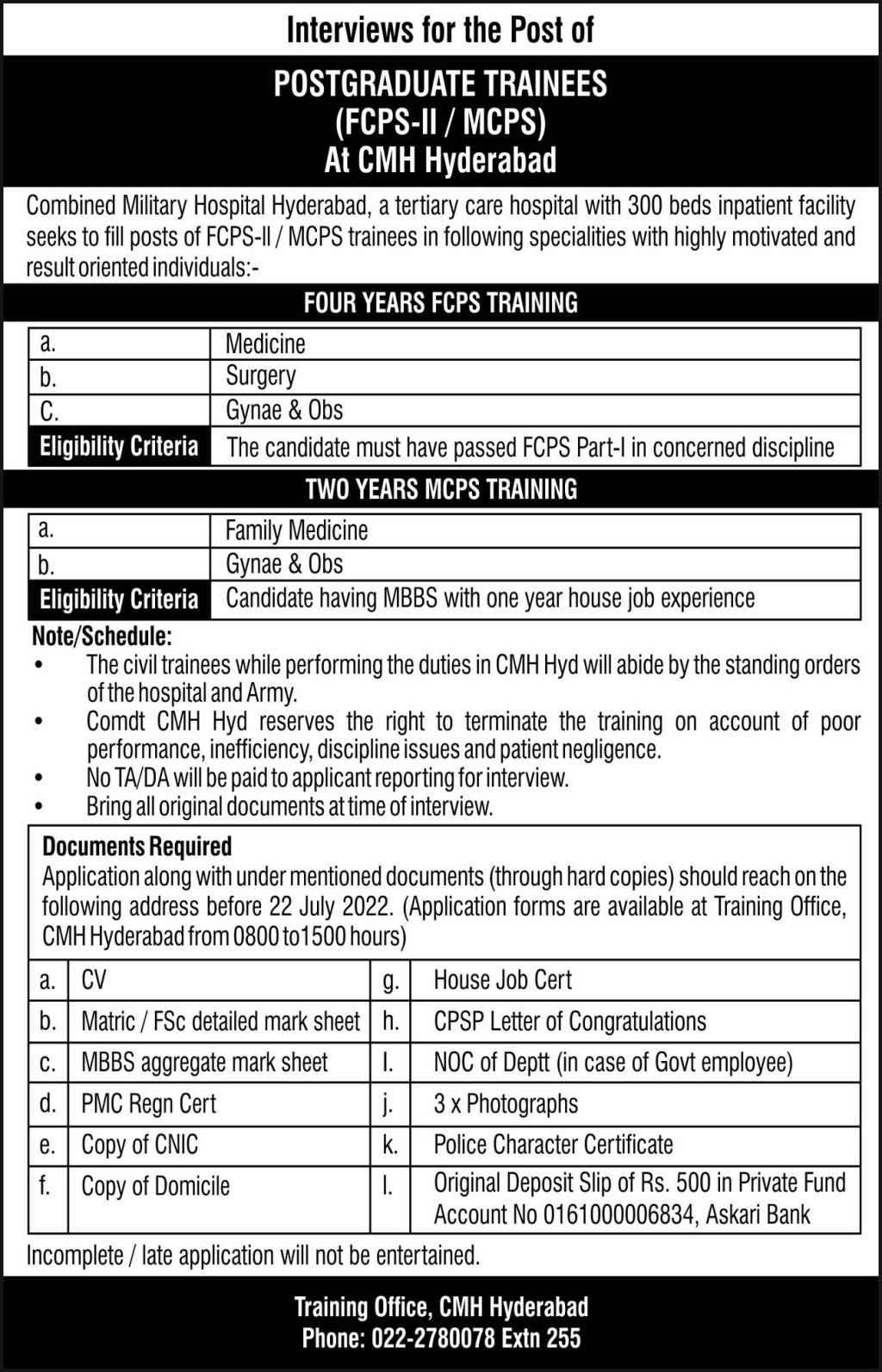 Combined Military Hospital CMH Hyderabad Jobs July 2022