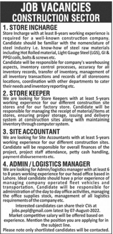Construction Sector Jobs July 2022