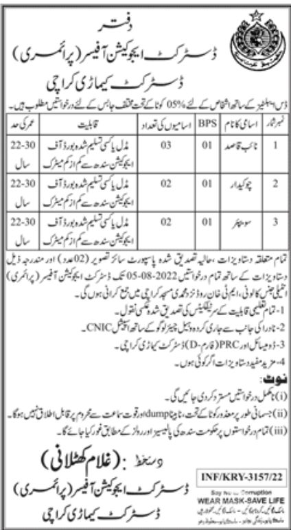 District Education Officers Karachi Jobs July 2022
