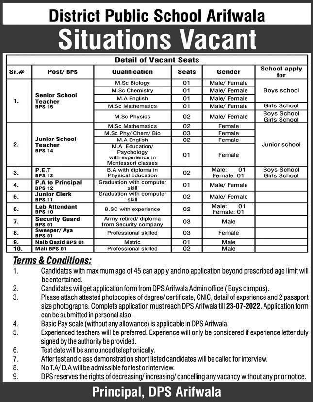 District Public School Arifwala Jobs July 2022