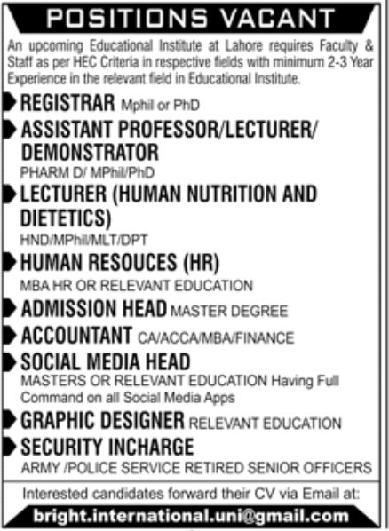 Educational Institute Lahore Jobs July 2022
