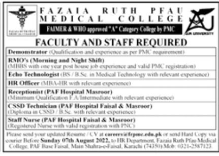 Fazaia Ruth PFAU Medical College Jobs July 2022