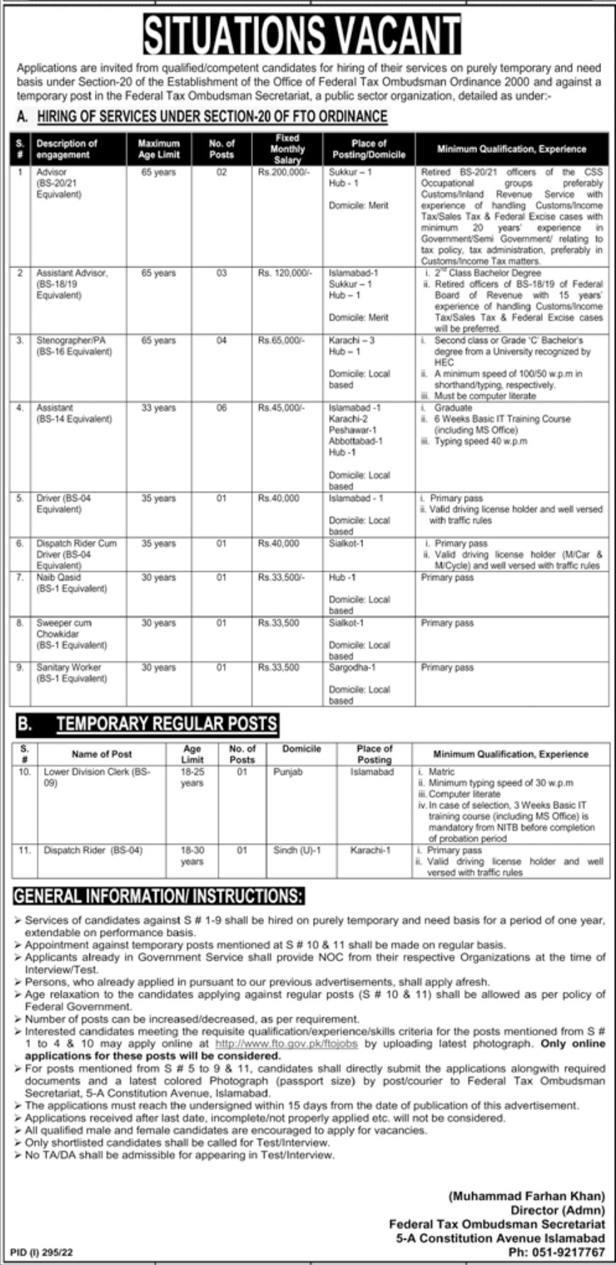 Federal Tax Ombudsman Ordinance Jobs July 2022