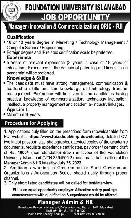 Foundation University Islamabad Jobs July 2022