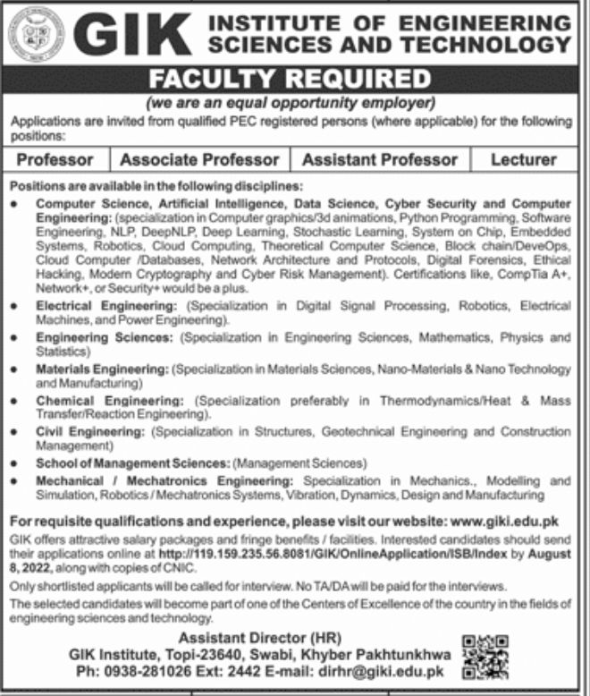 GIK Institute of Engineering Sciences and Technology Jobs July 2022