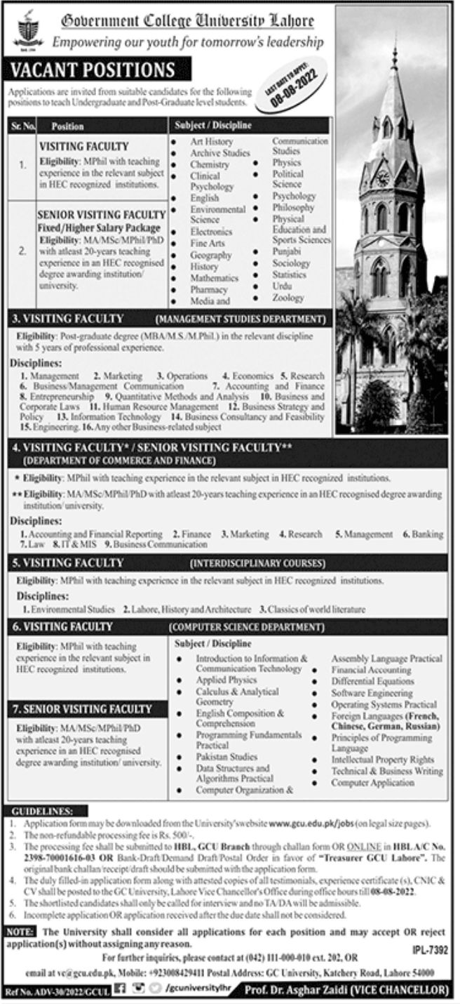 Government College University Lahore Jobs July 2022