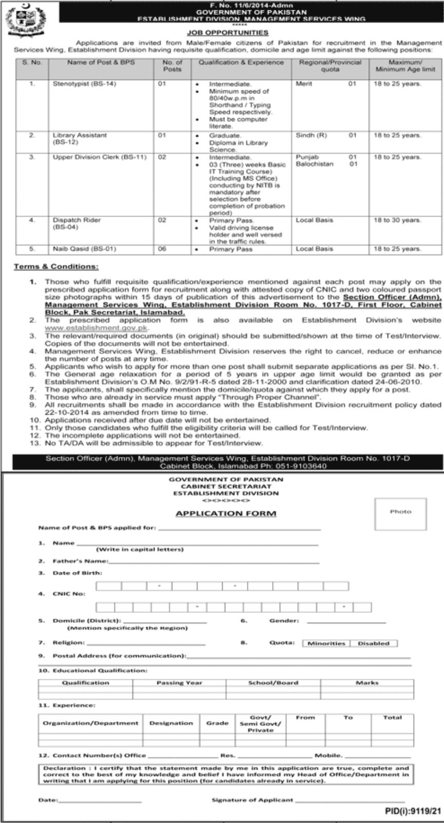 Government of Pakistan Establishment Division Jobs July 2022