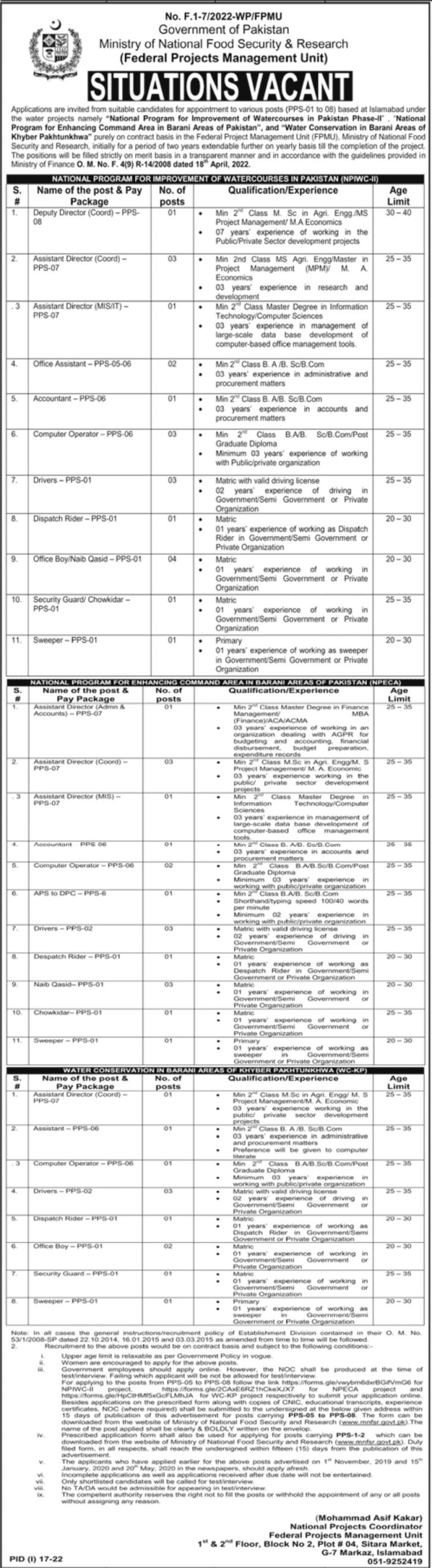 Government of Pakistan Ministry of National Food Security & Research Jobs July 2022