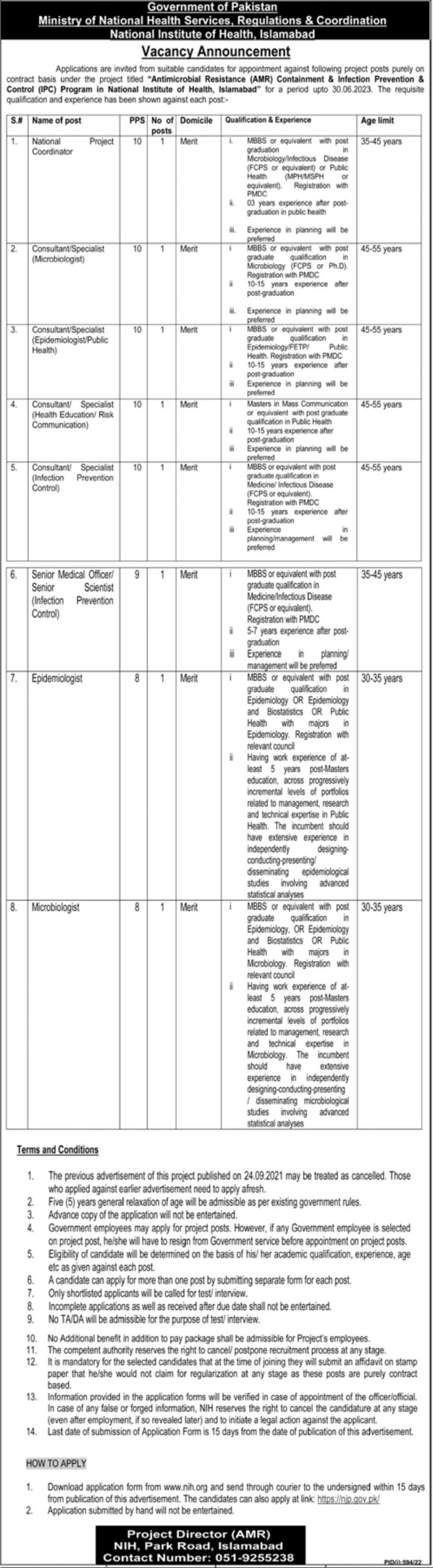 Government of Pakistan Ministry of National Health Services Regulations & Coordination Jobs July 2022
