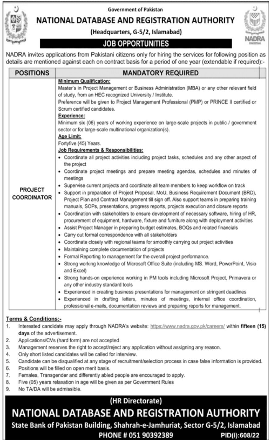 Government of Pakistan - National Database and Registration Authority Jobs July 2022