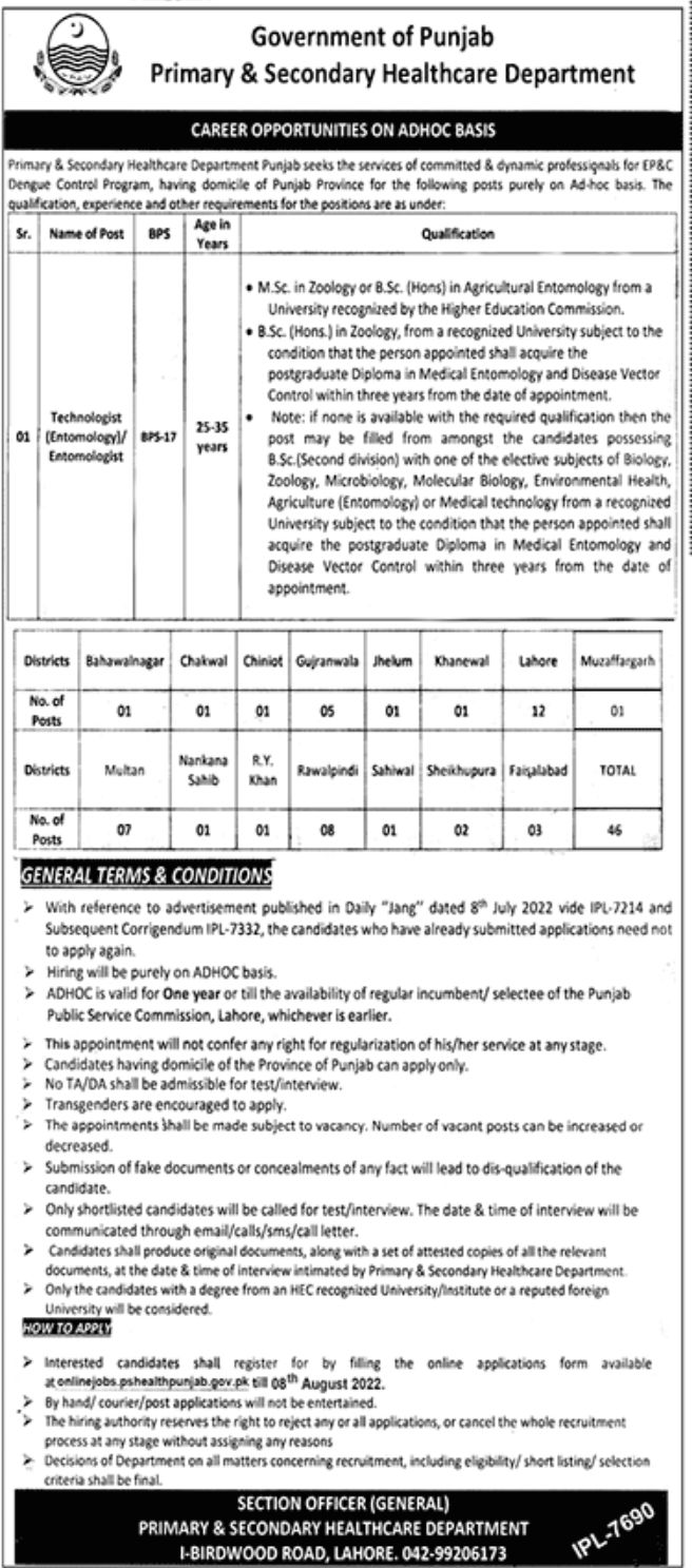 Government of Punjab Primary & Secondary Healthcare Department Jobs July 2022
