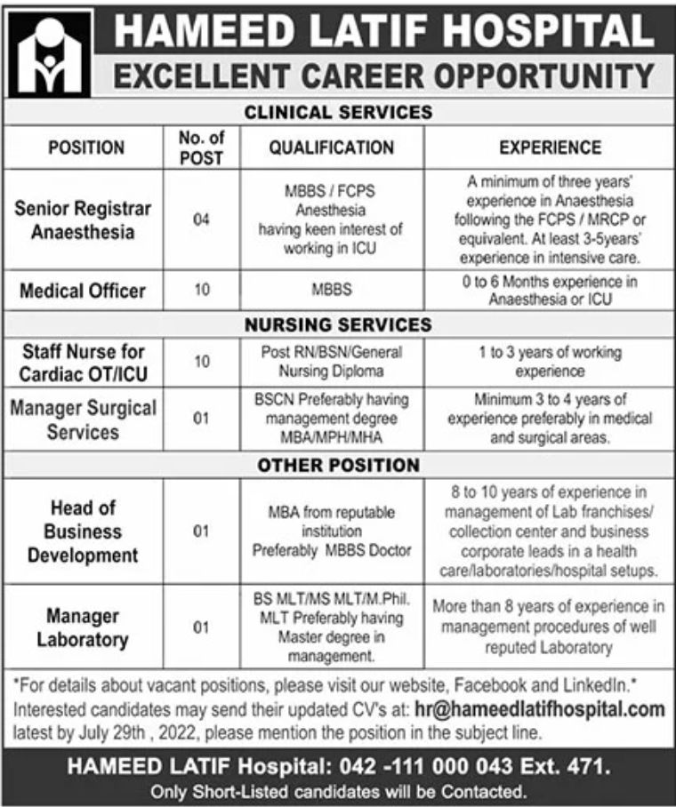 Hameed Latif Hospital Jobs July 2022