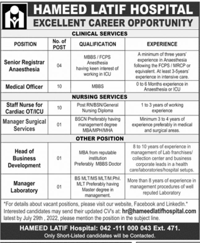 Hameed Latif Hospital Jobs July 2022