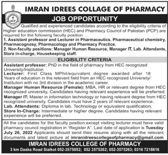 Imran Idrees College of pharmacy Jobs July 2022