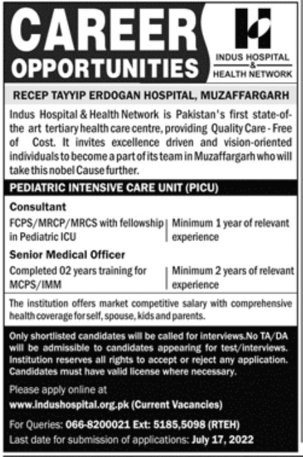 Indus Hospital & Health Network Jobs July 2022