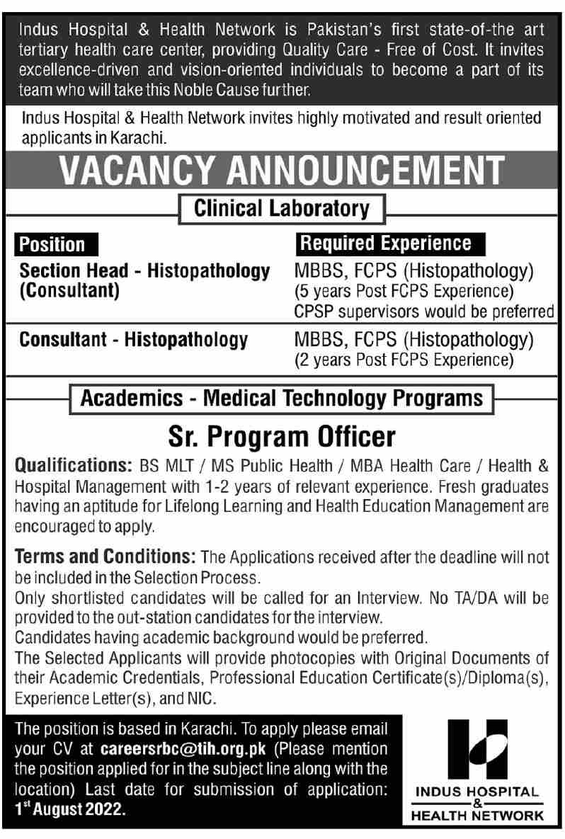 Indus Hospital Jobs July 2022