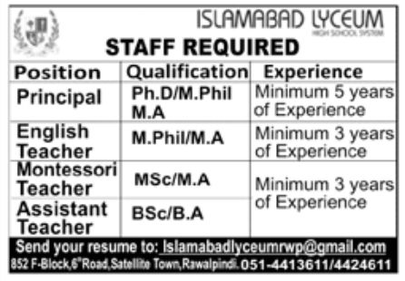 Islamabad Lyceum Jobs July 2022