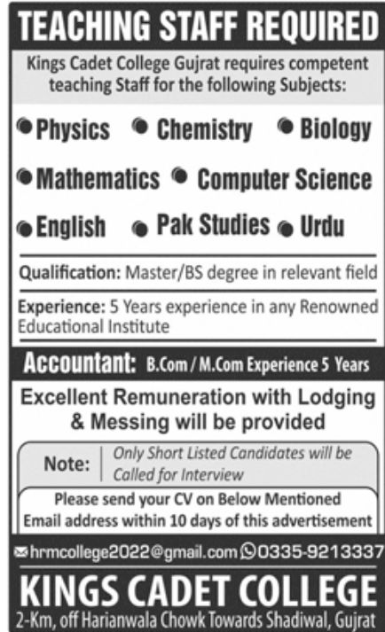 KINGS Cadet College Jobs July 2022