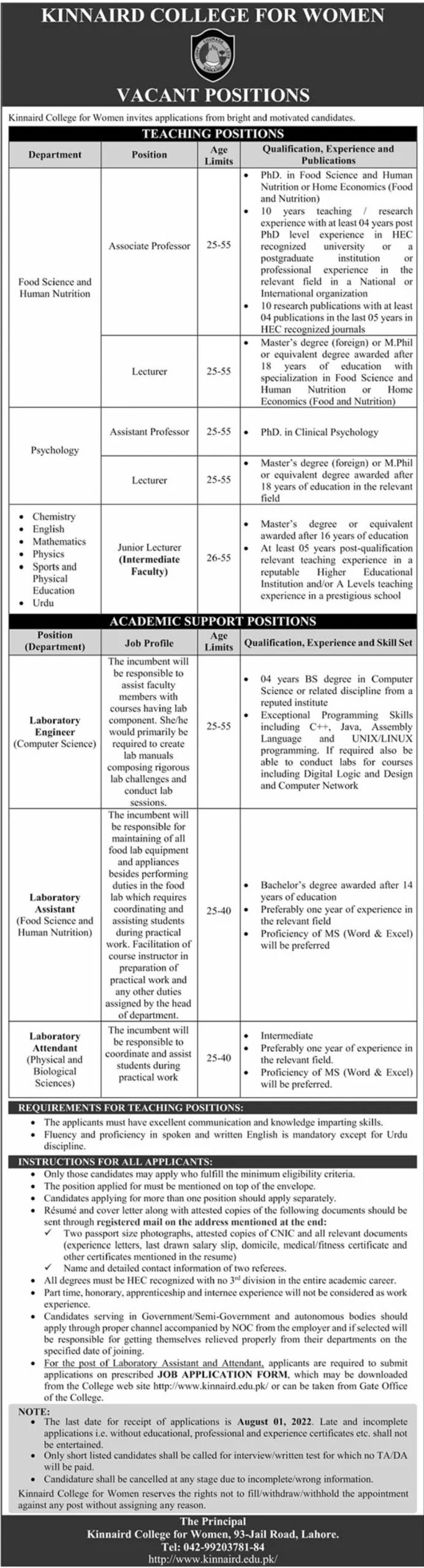 Kinnaird College for Women Jobs July 2022