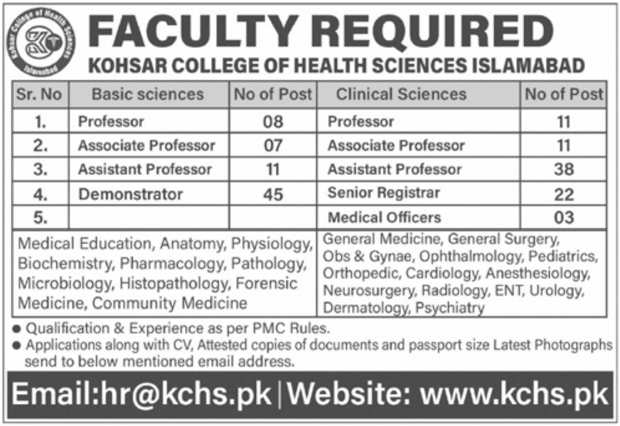 Kohsar College of Health Sciences Islamabad Jobs August 2022