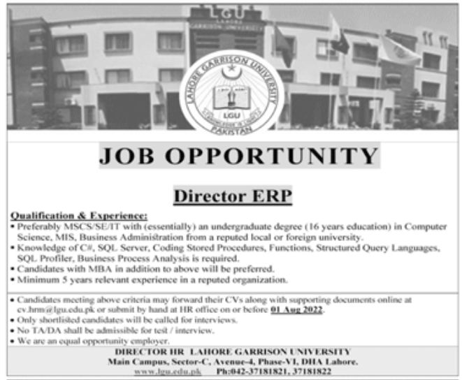 Lahore Garrison University LGU Jobs July 2022
