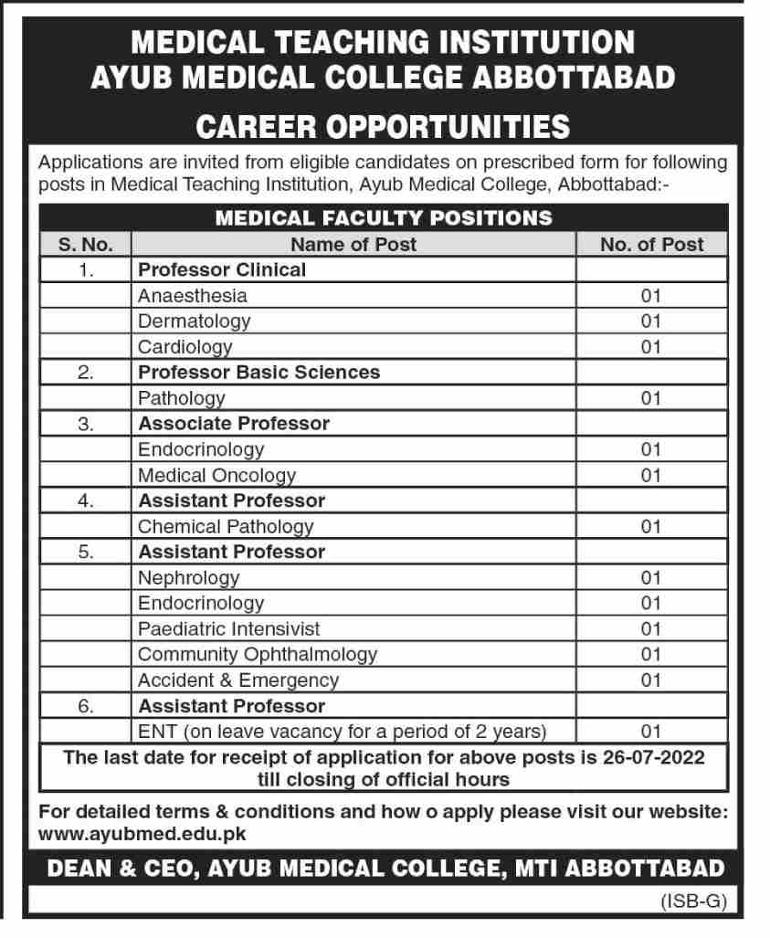 Medical Teaching Institution Ayub Medical College Abbottabad Jobs July 2022
