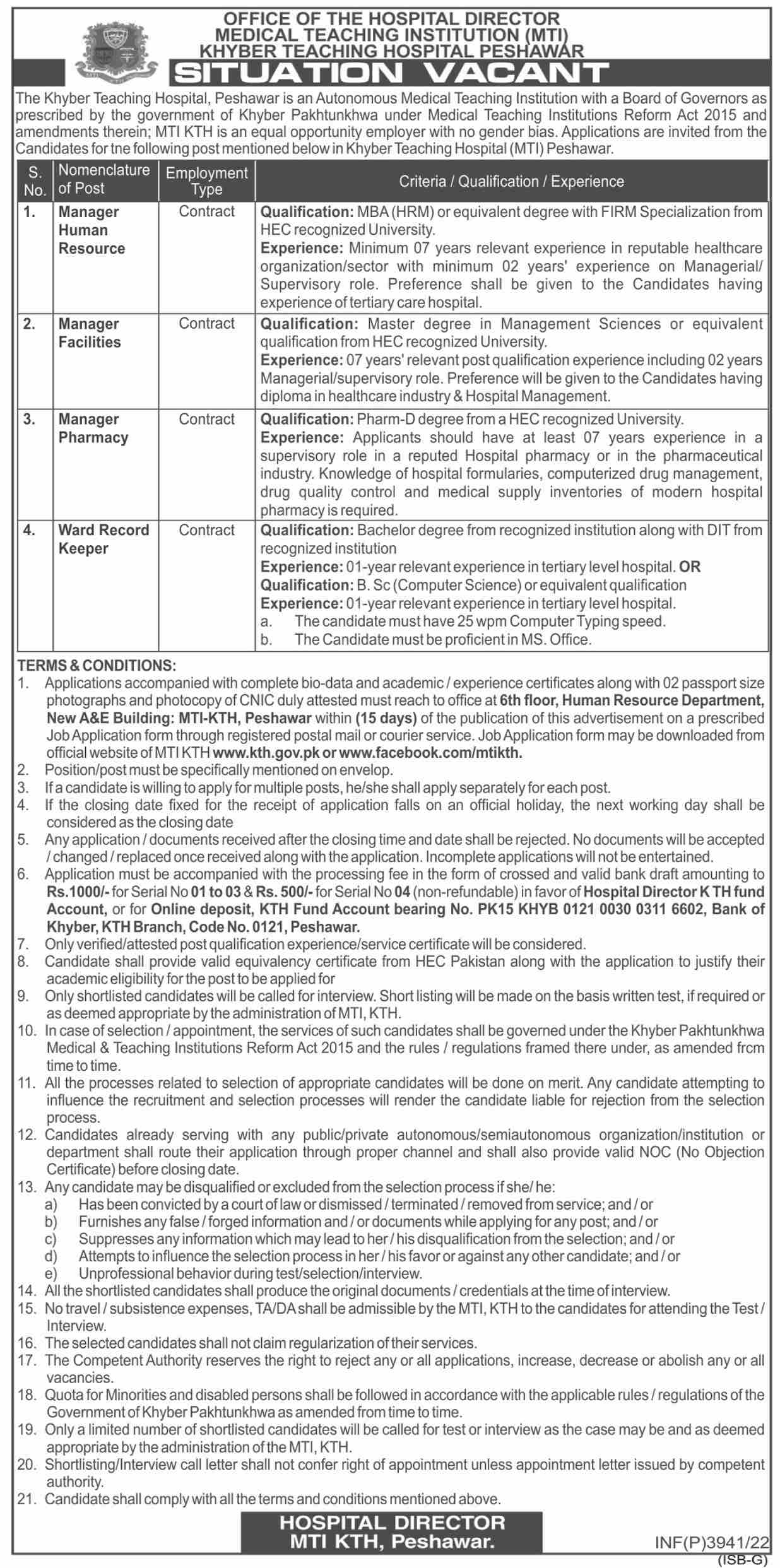 Medical Teaching Institution MTI Khyber Teaching Hospital Peshawar Jobs July 2022