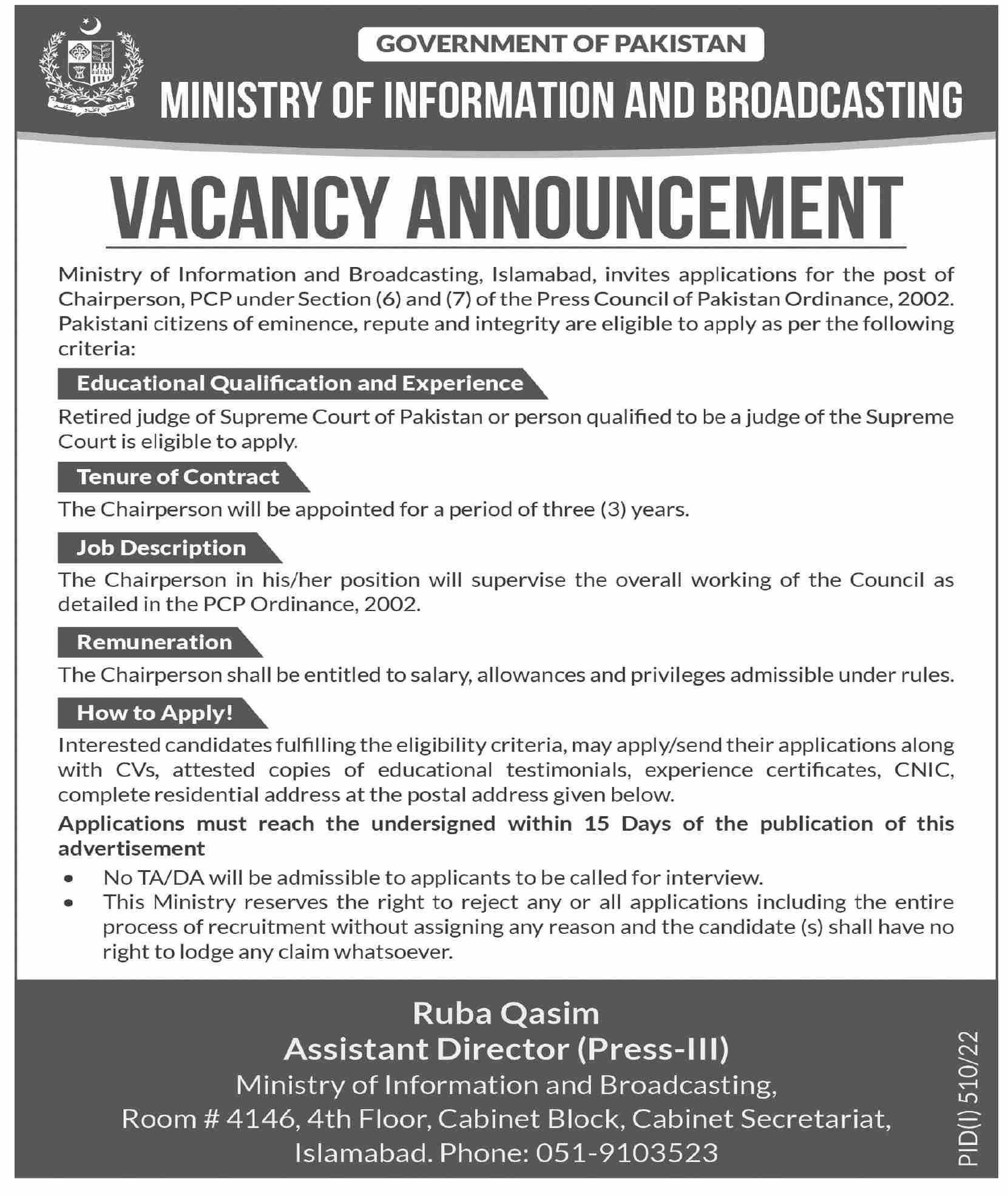 Ministry of Information and Broadcasting Government of Pakistan Jobs July 2022