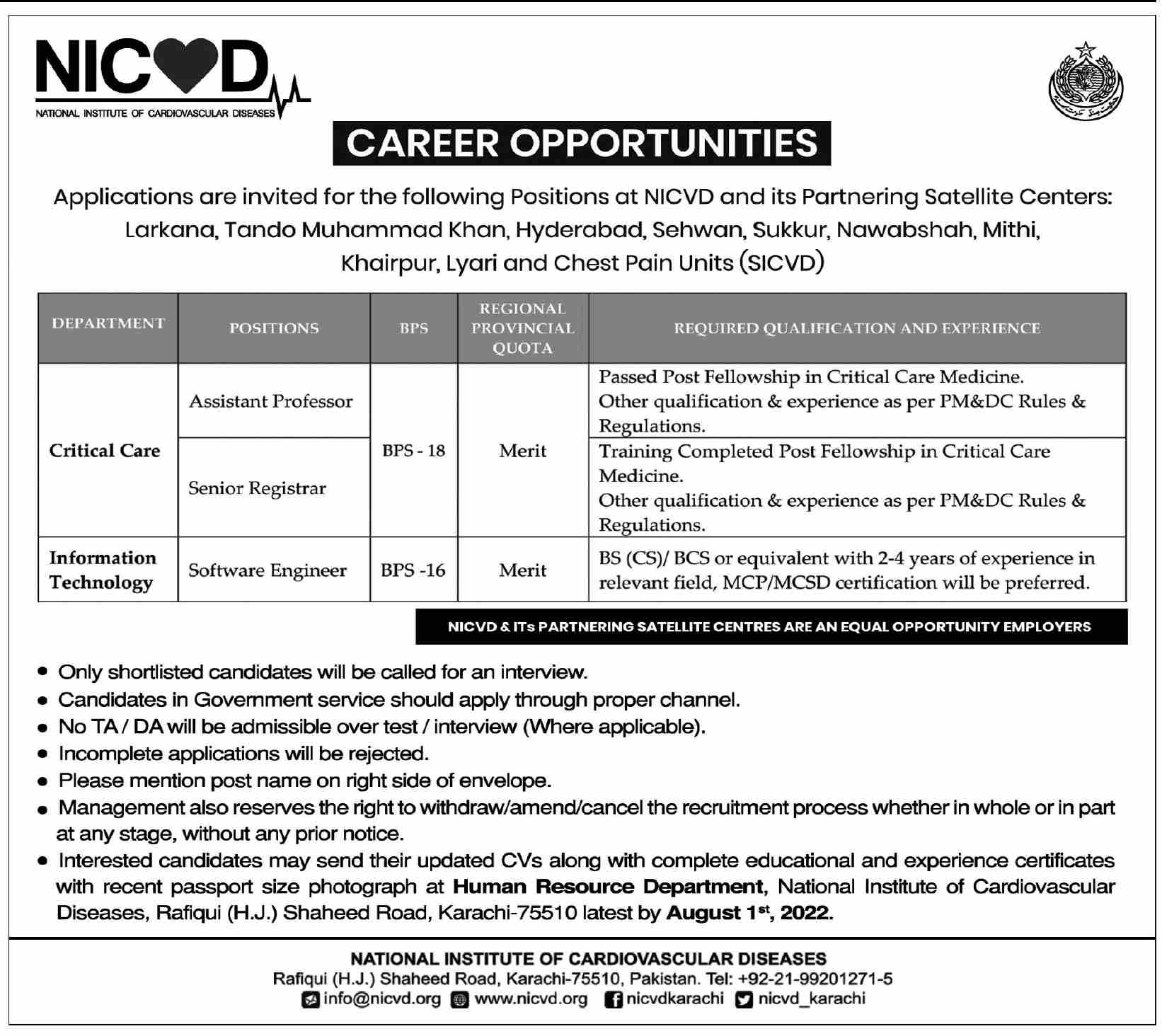 NICVD National Institute of Cardiovascular Diseases Jobs July 2022