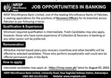 NRSP Microfinance Bank Jobs July 2022