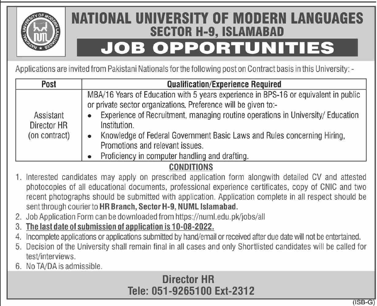 NUML Islamabad Jobs July 2022