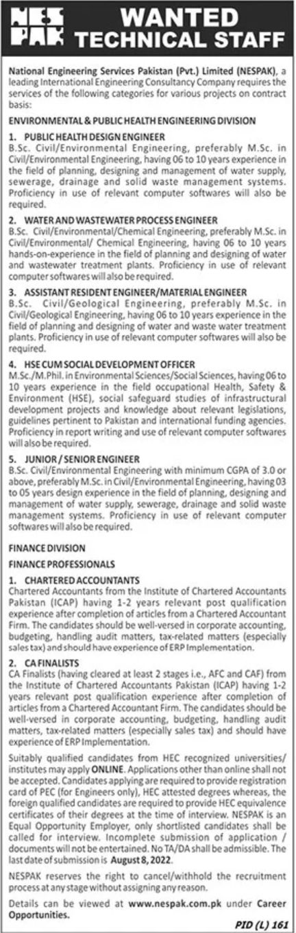 National Engineering Services Pakistan Pvt Limited NESPAK Jobs July 2022